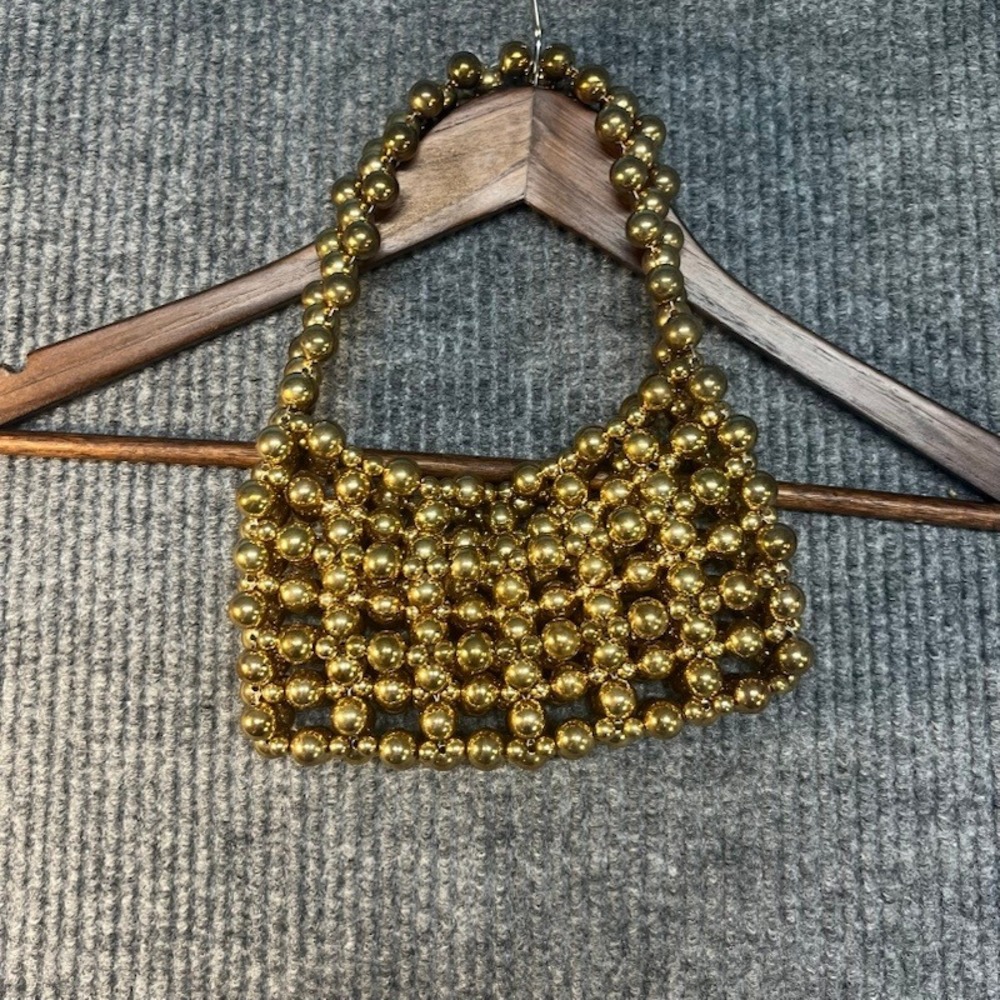 Gold Beaded Mini Handbag Top Handle Metallic Sphere Evening Bag Retro Glam